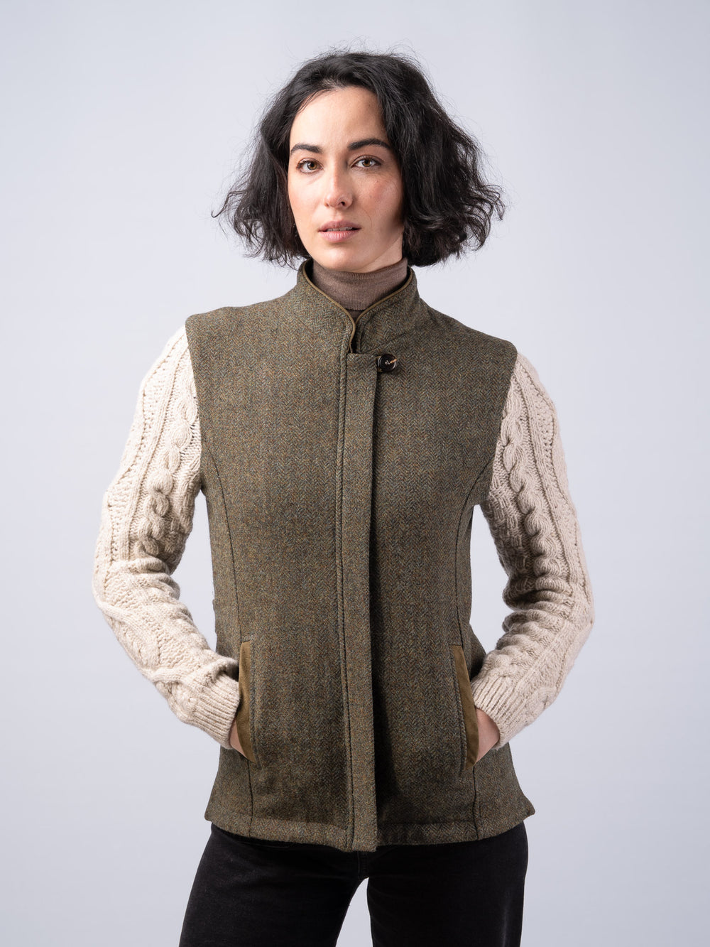 The Constance Moss Green Tweed Jacket With Natural Cable Knit Sleeve