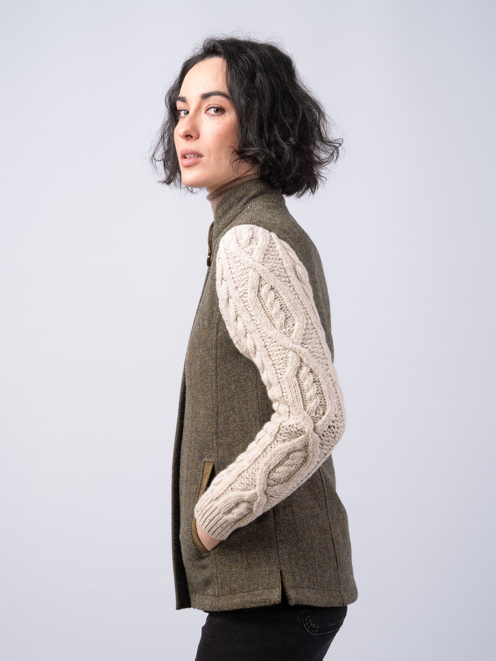 The Constance Moss Green Tweed Jacket With Natural Cable Knit Sleeve