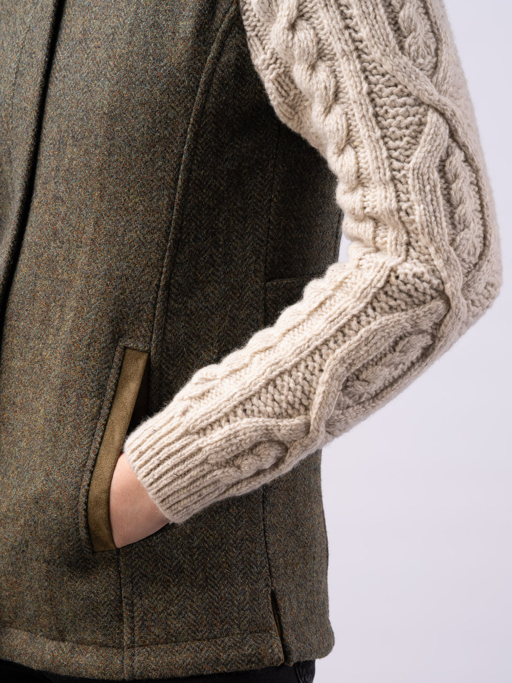The Constance Moss Green Tweed Jacket With Natural Cable Knit Sleeve