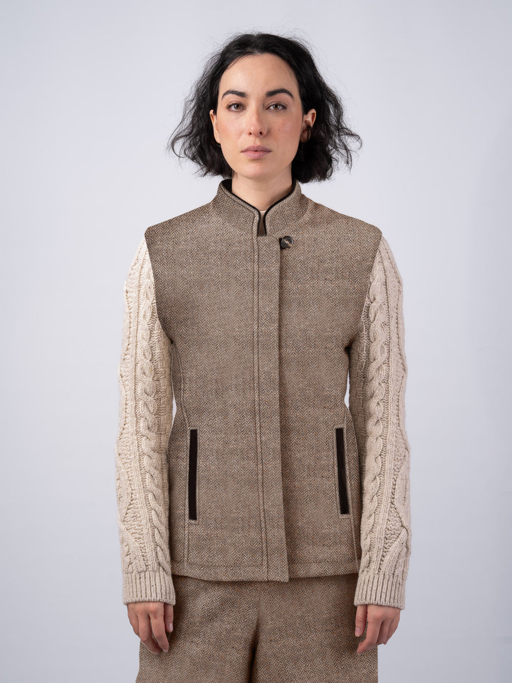 The Constance Oak Herringbone Tweed Jacket With Natural Cable Knit Sleeve