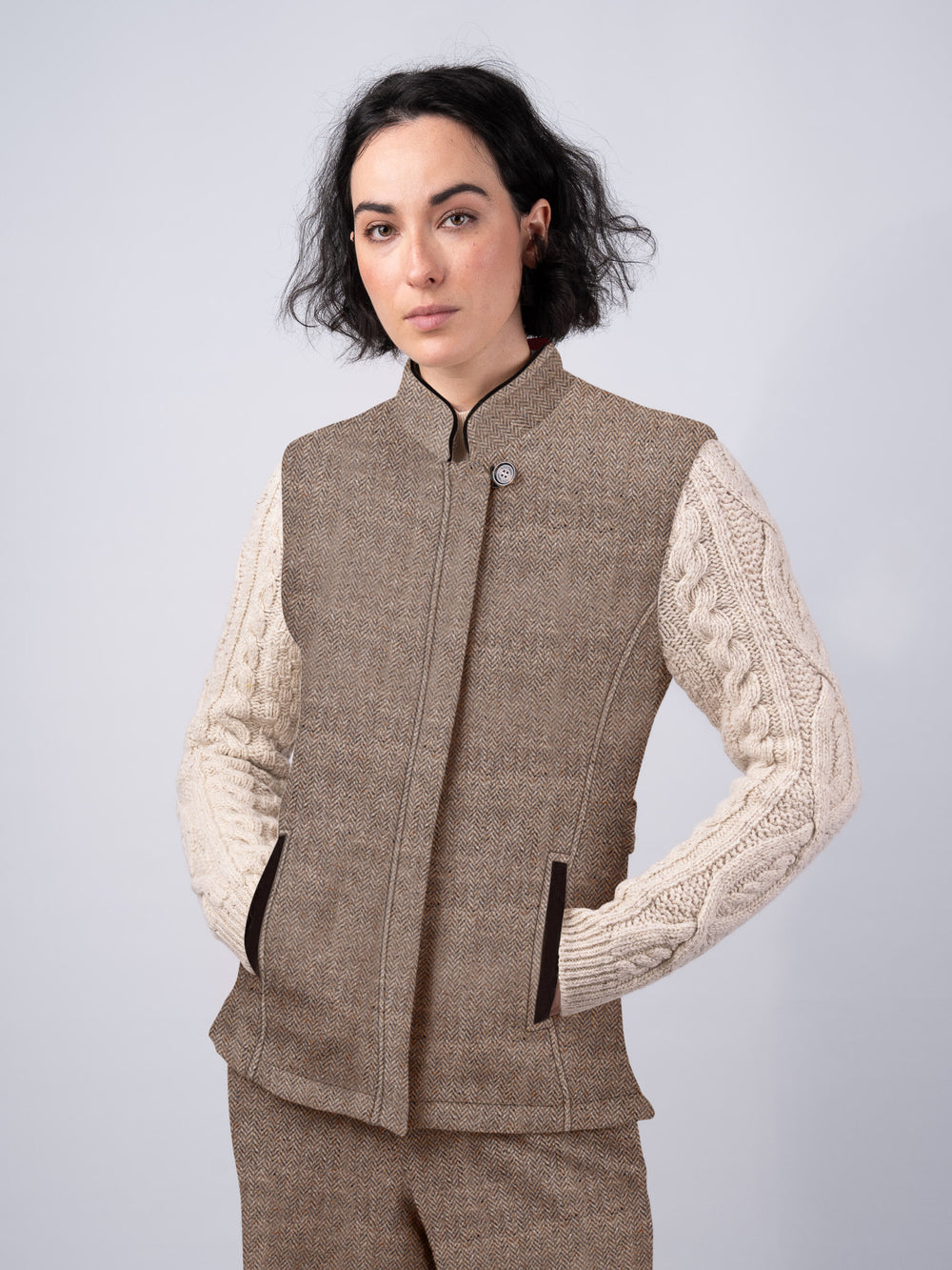 The Constance Oak Herringbone Tweed Jacket With Natural Cable Knit Sleeve