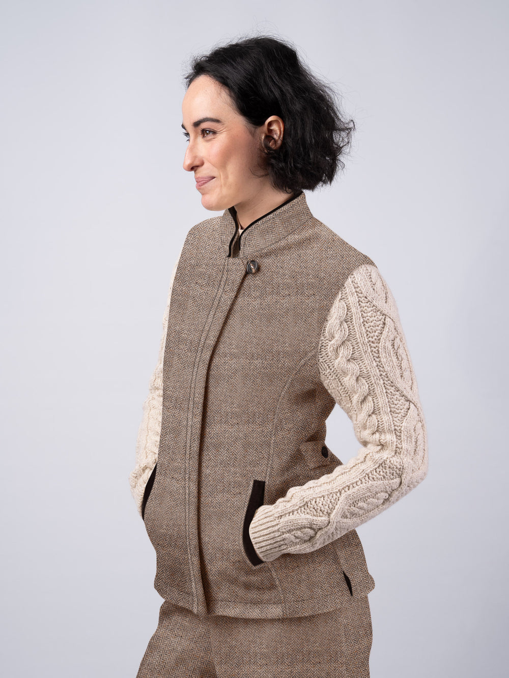 The Constance Oak Herringbone Tweed Jacket With Natural Cable Knit Sleeve
