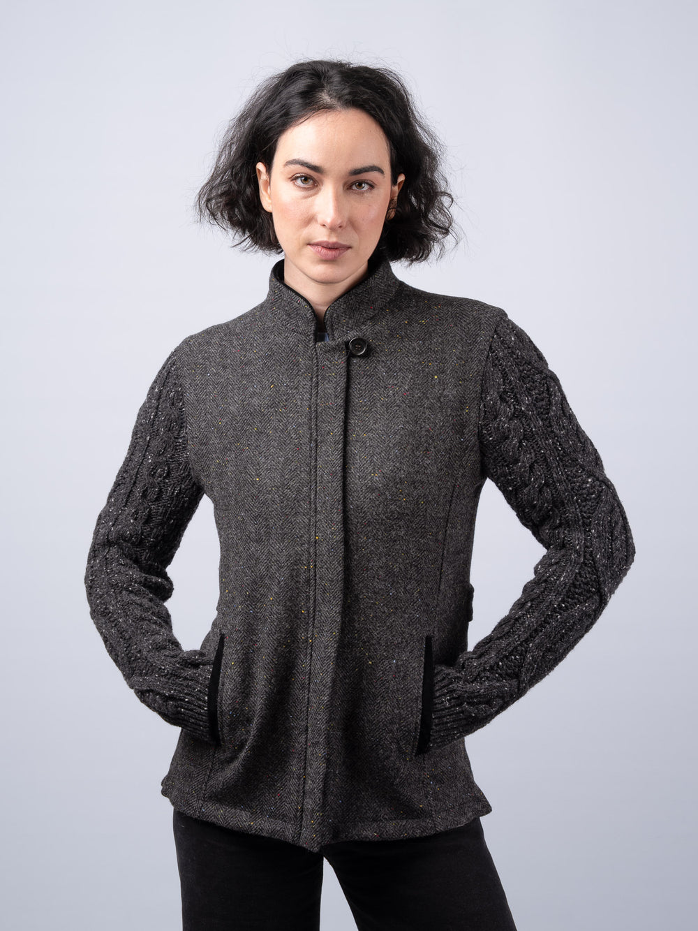 The Constance Smoke Grey Herringbone Tweed Jacket With Charcoal Cable Knit Sleeve
