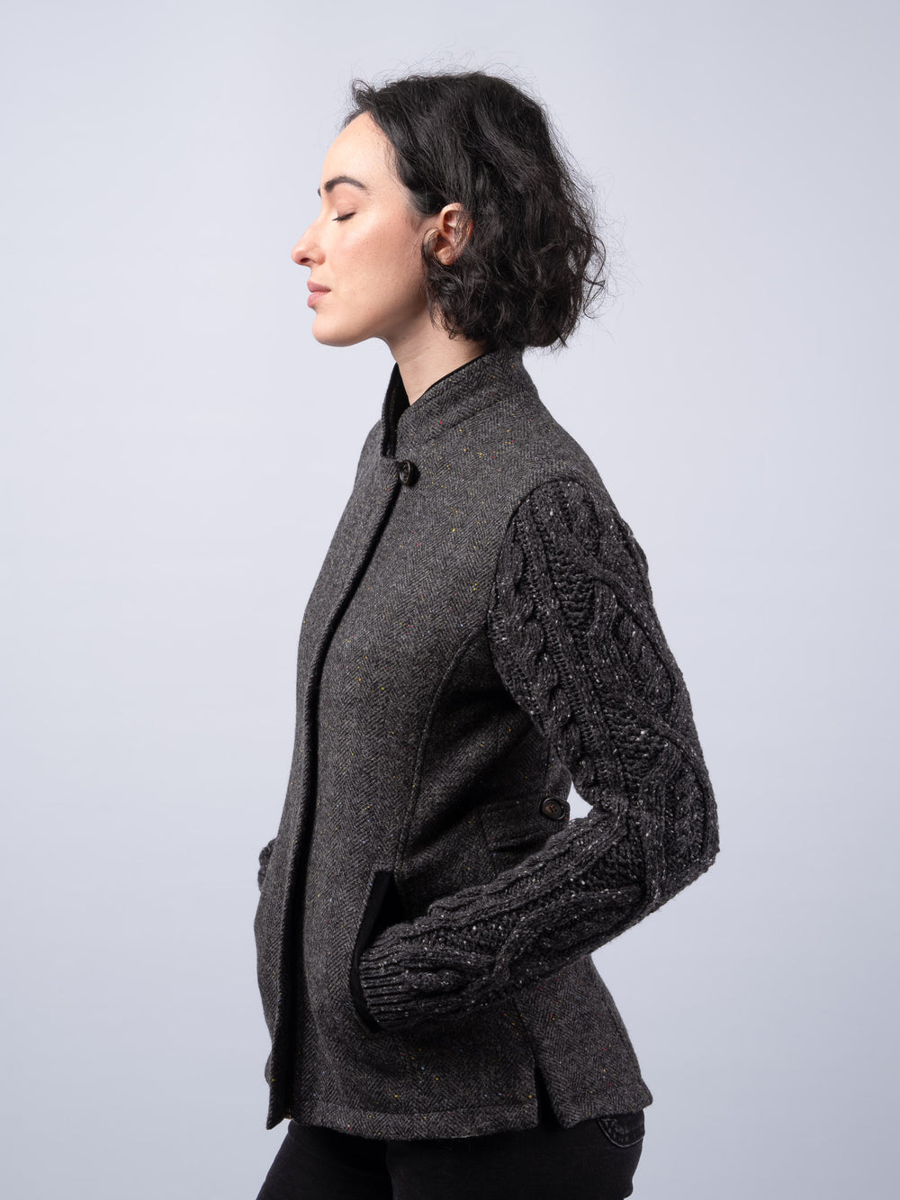 The Constance Smoke Grey Herringbone Tweed Jacket With Charcoal Cable Knit Sleeve