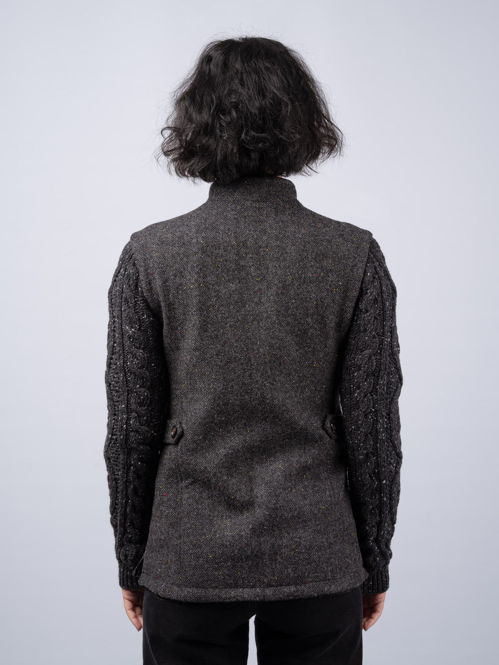 The Constance Smoke Grey Herringbone Tweed Jacket With Charcoal Cable Knit Sleeve