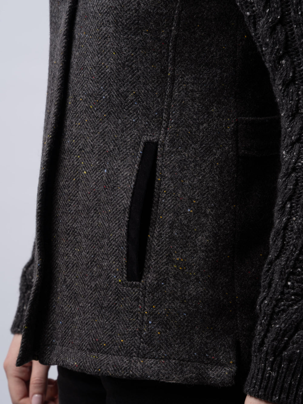 The Constance Smoke Grey Herringbone Tweed Jacket With Charcoal Cable Knit Sleeve