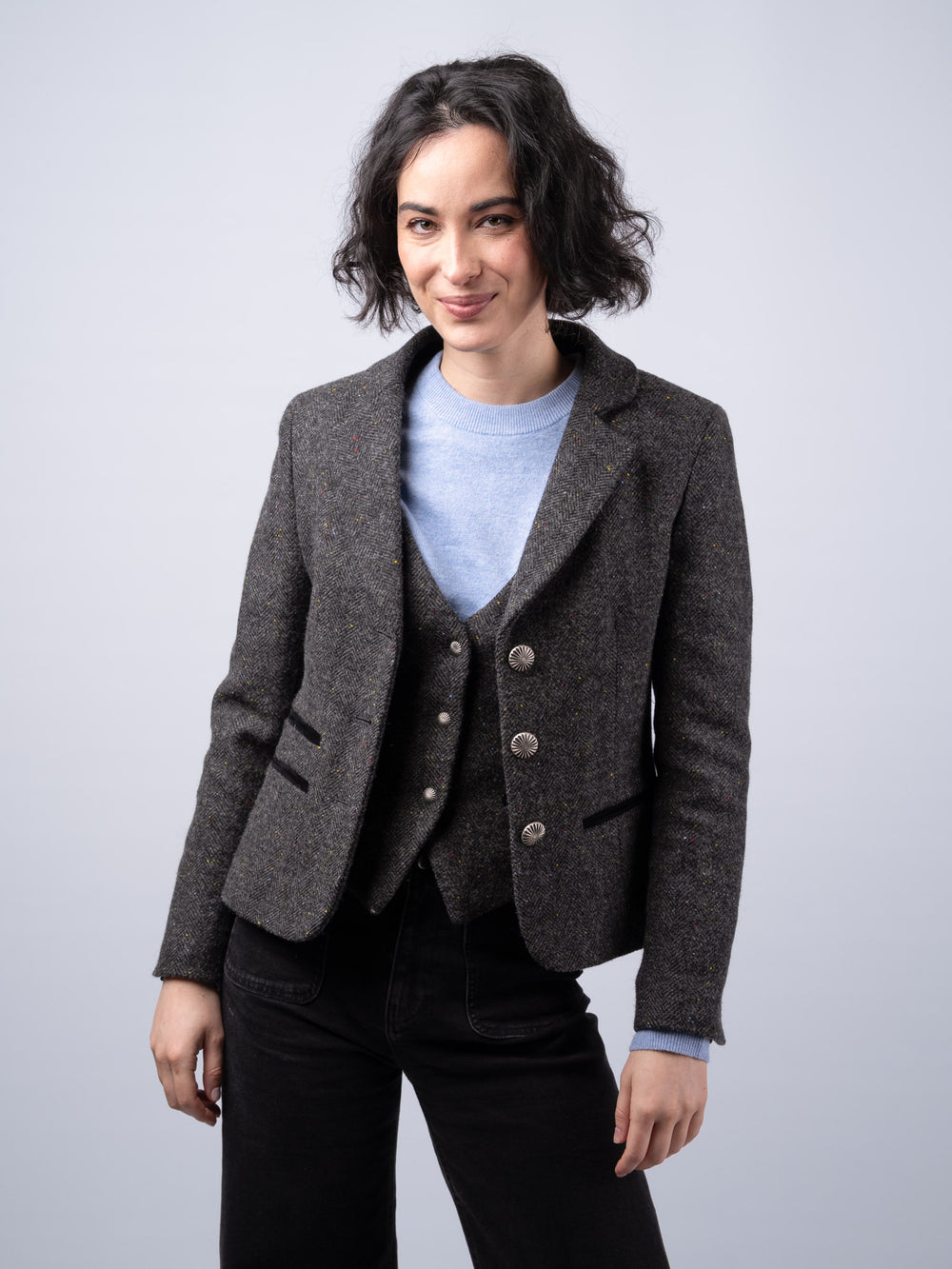 Women's Smoke Herringbone Cropped  Tweed Jacket & Blazer