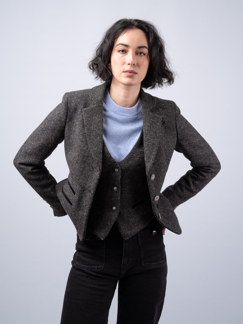 Women's Smoke Herringbone Cropped  Tweed Jacket & Blazer