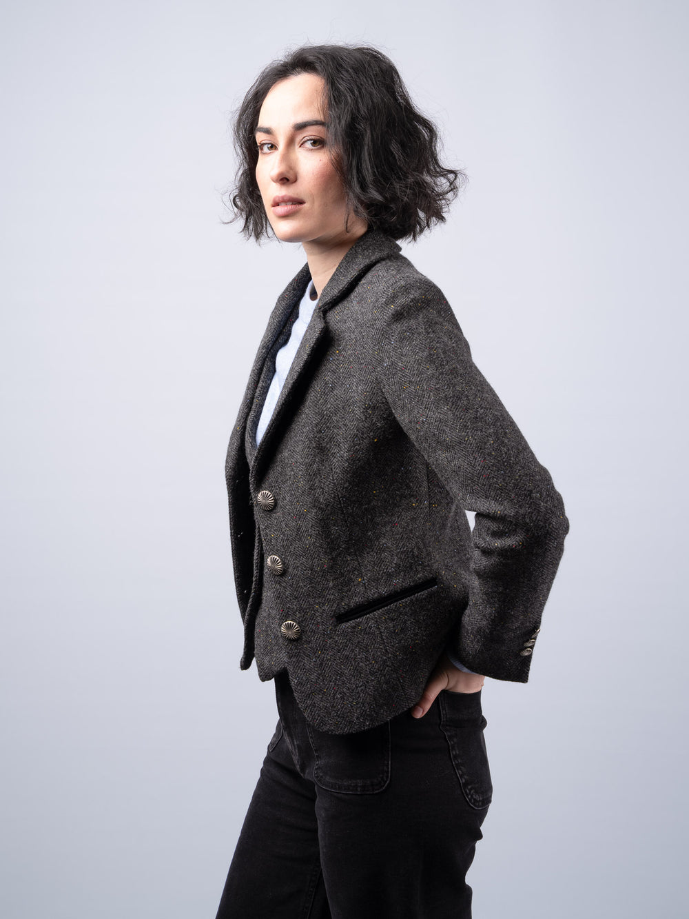 Women's Smoke Herringbone Cropped  Tweed Jacket & Blazer