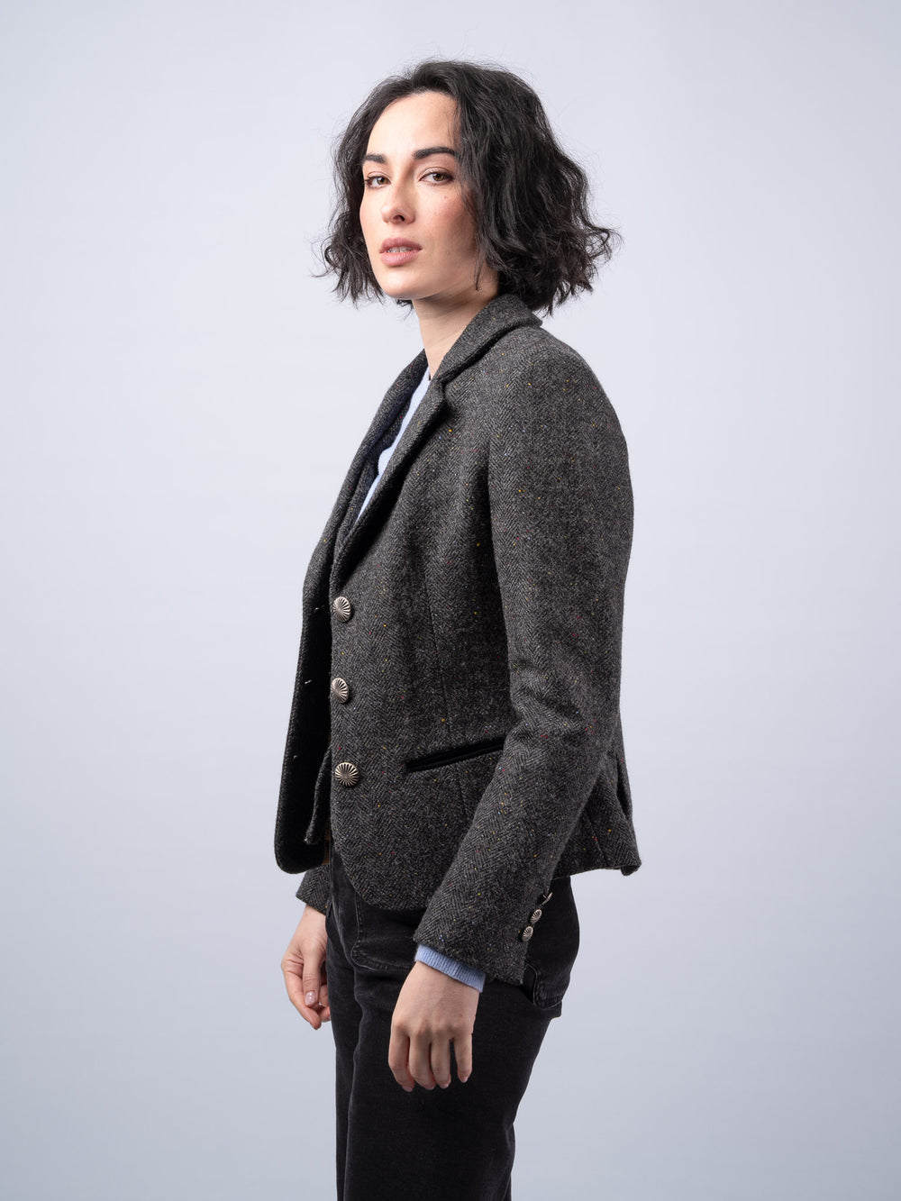 Women's Smoke Herringbone Cropped  Tweed Jacket & Blazer