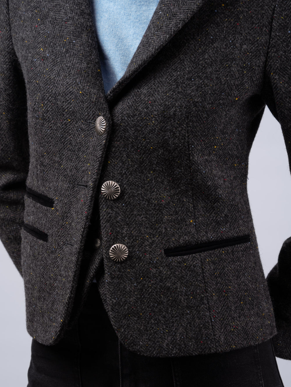 Women's Smoke Herringbone Cropped  Tweed Jacket & Blazer