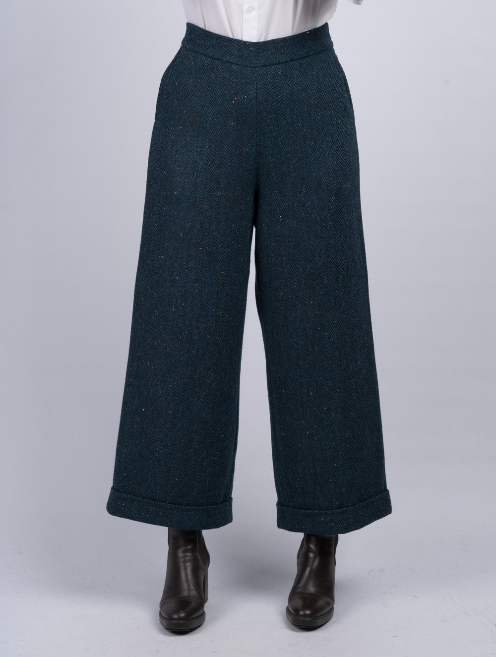 Women's Blue Herringbone Tweed Trousers & Pants
