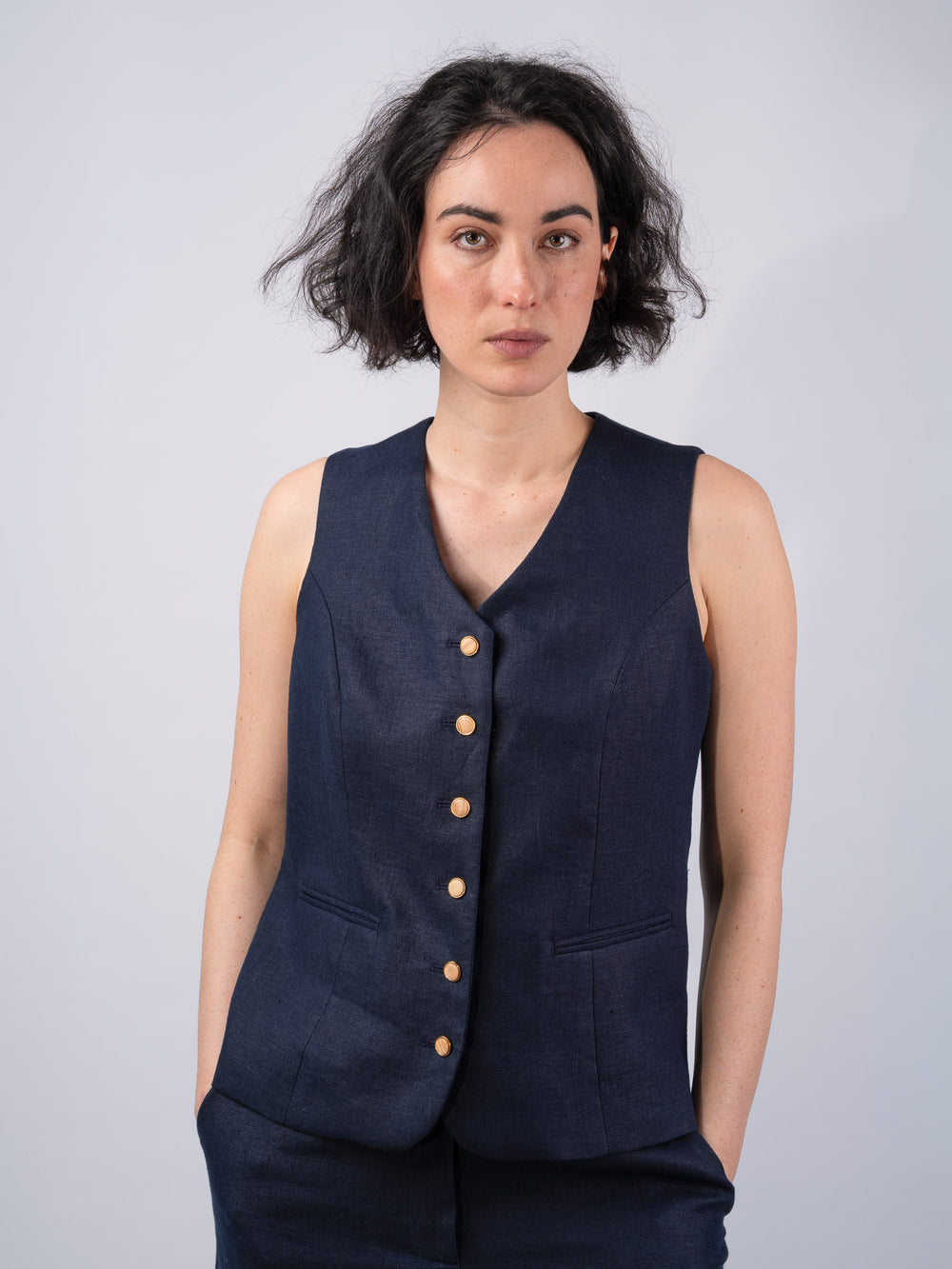 Women's Navy Linen Waistcoat & Vest