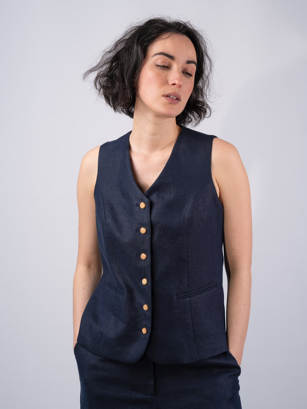 Women's Navy Linen Waistcoat & Vest