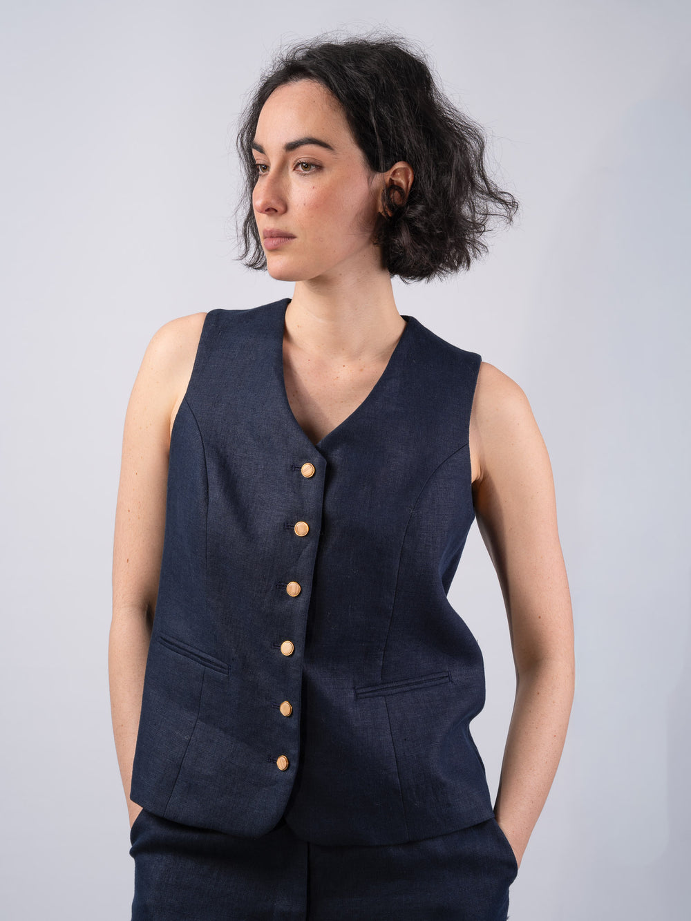Women's Navy Linen Waistcoat & Vest