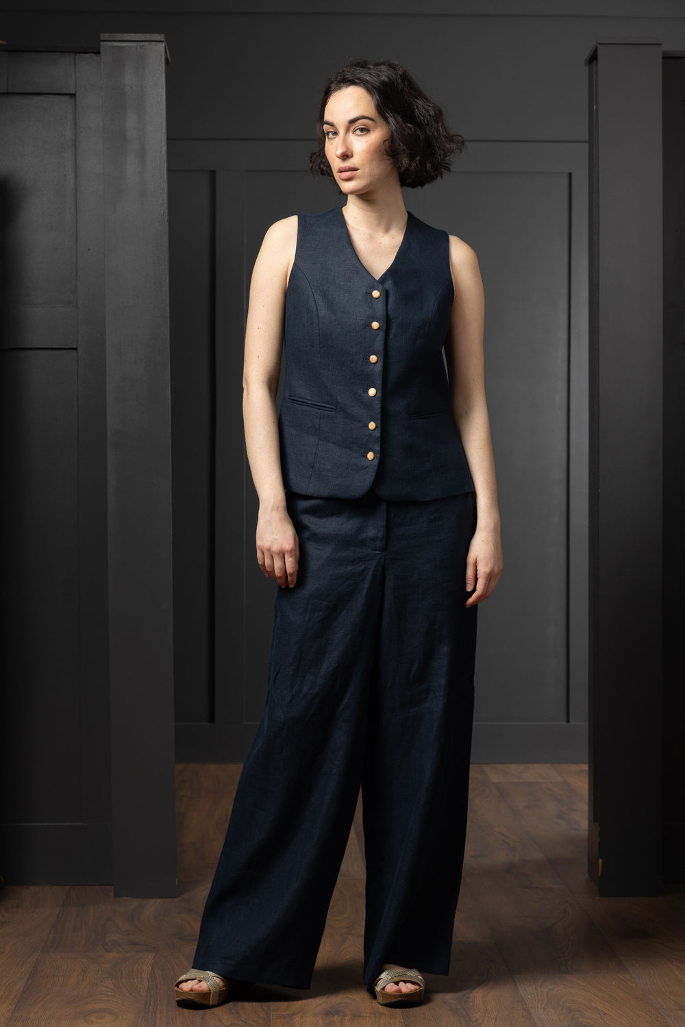 Women's Navy Linen Waistcoat & Vest
