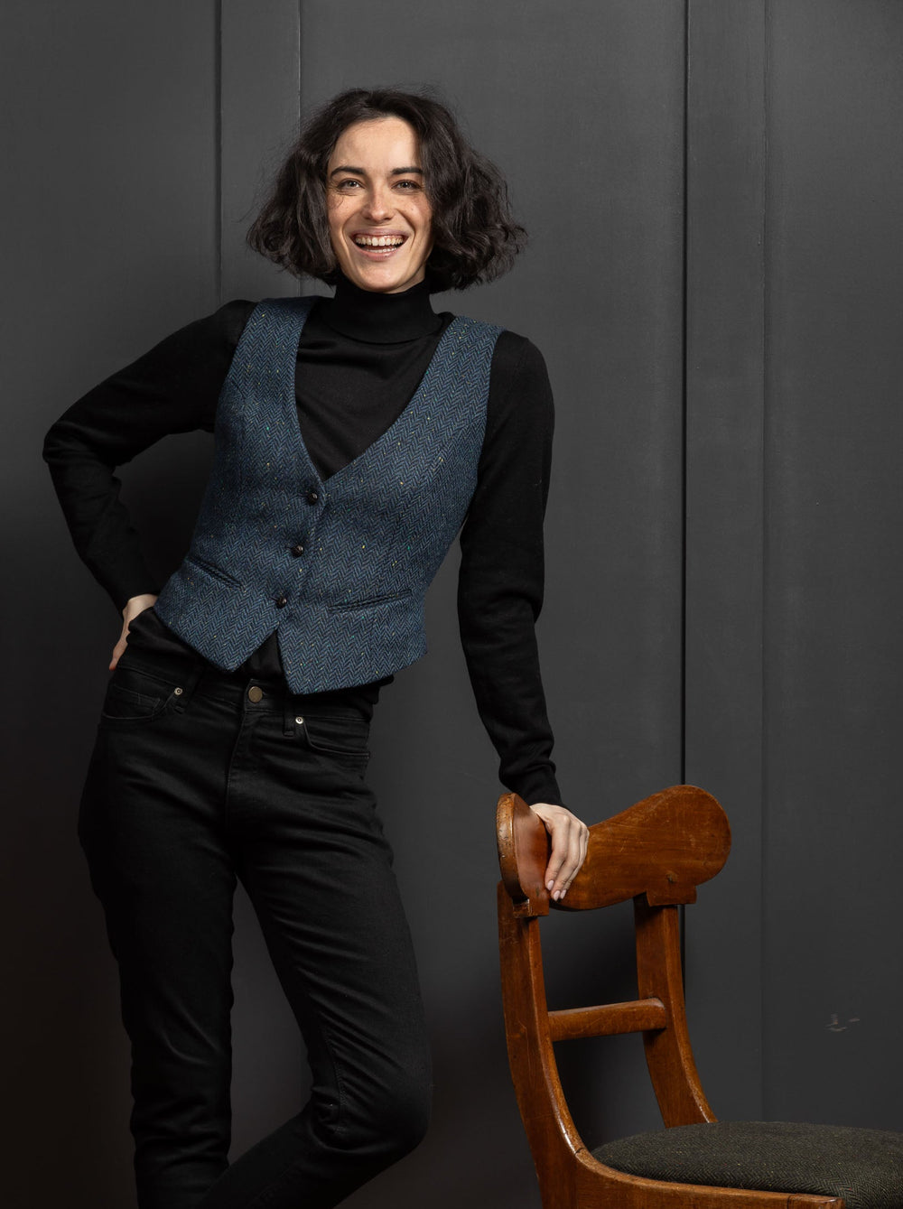 Women's Blue Herringbone Tweed Waistcoat