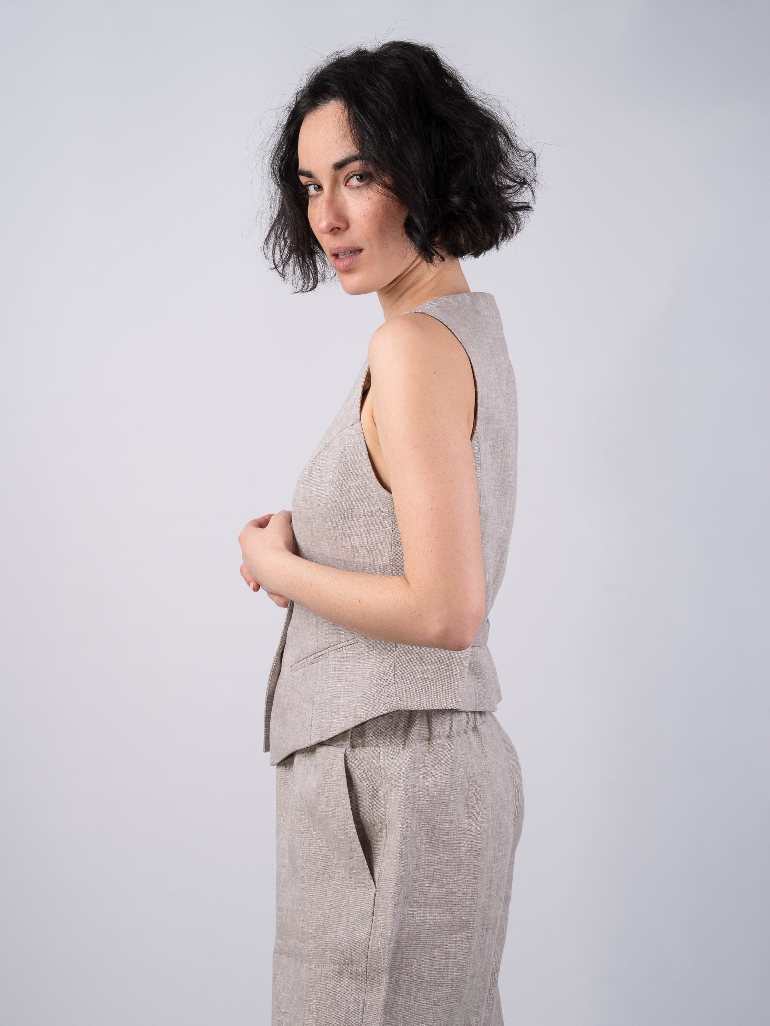 トップス S.E.H KELLY VEST IRISH LINEN Women's Desert Linen Waistcoat - Luxury Women's Vest | Irish Linen