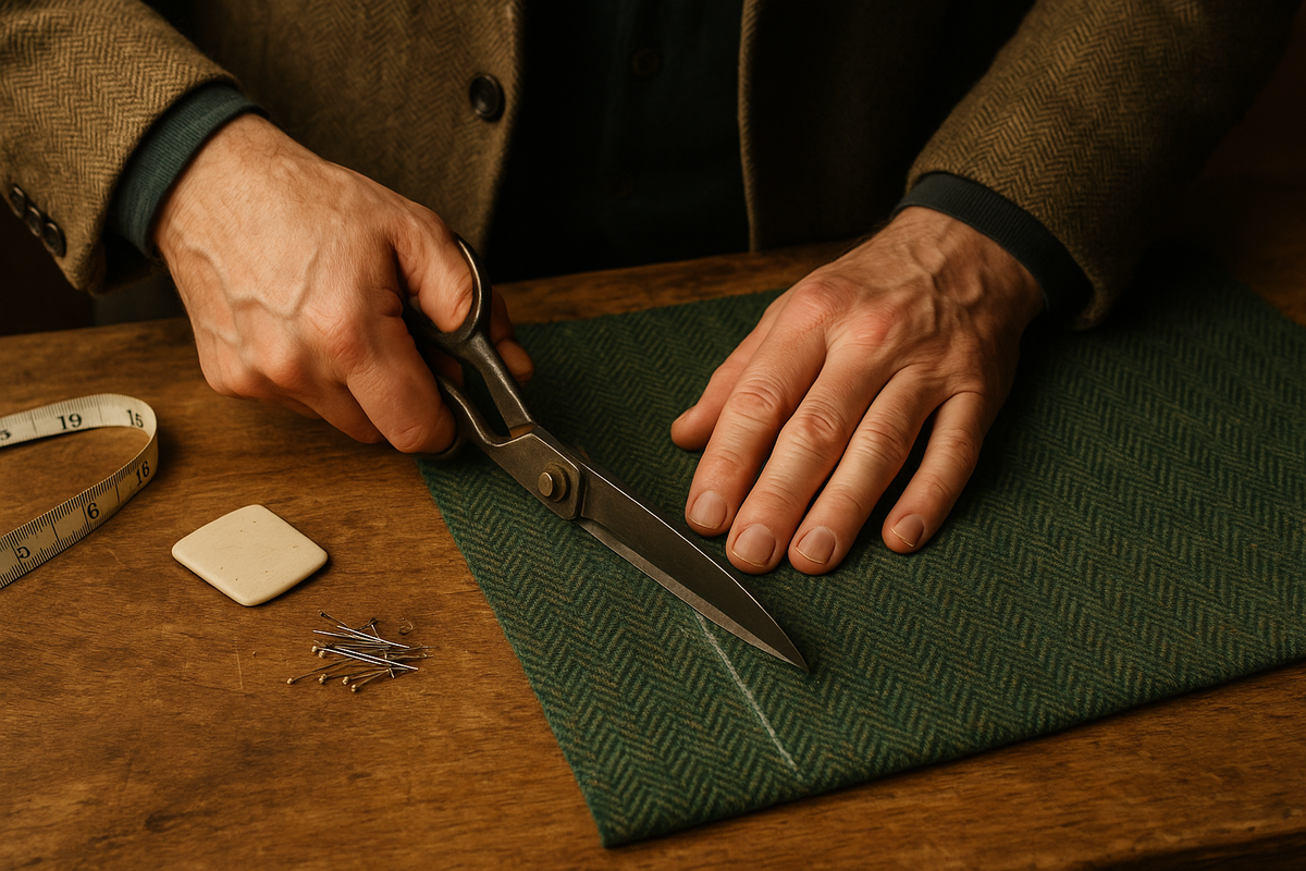 A close-up, landscape-format photograph of a traditional Irish tailor's hands cutting green or blue herringbone tweed on a wooden workbench. The image should focus on craftsmanship—just the hands, shears, the fabric, and small tailoring tools like chalk and pins. The lighting is warm and natural, evoking a calm, authentic workshop environment. The tweed should be clearly textured with visible weave detail. No faces or AI-like features—this should look like a