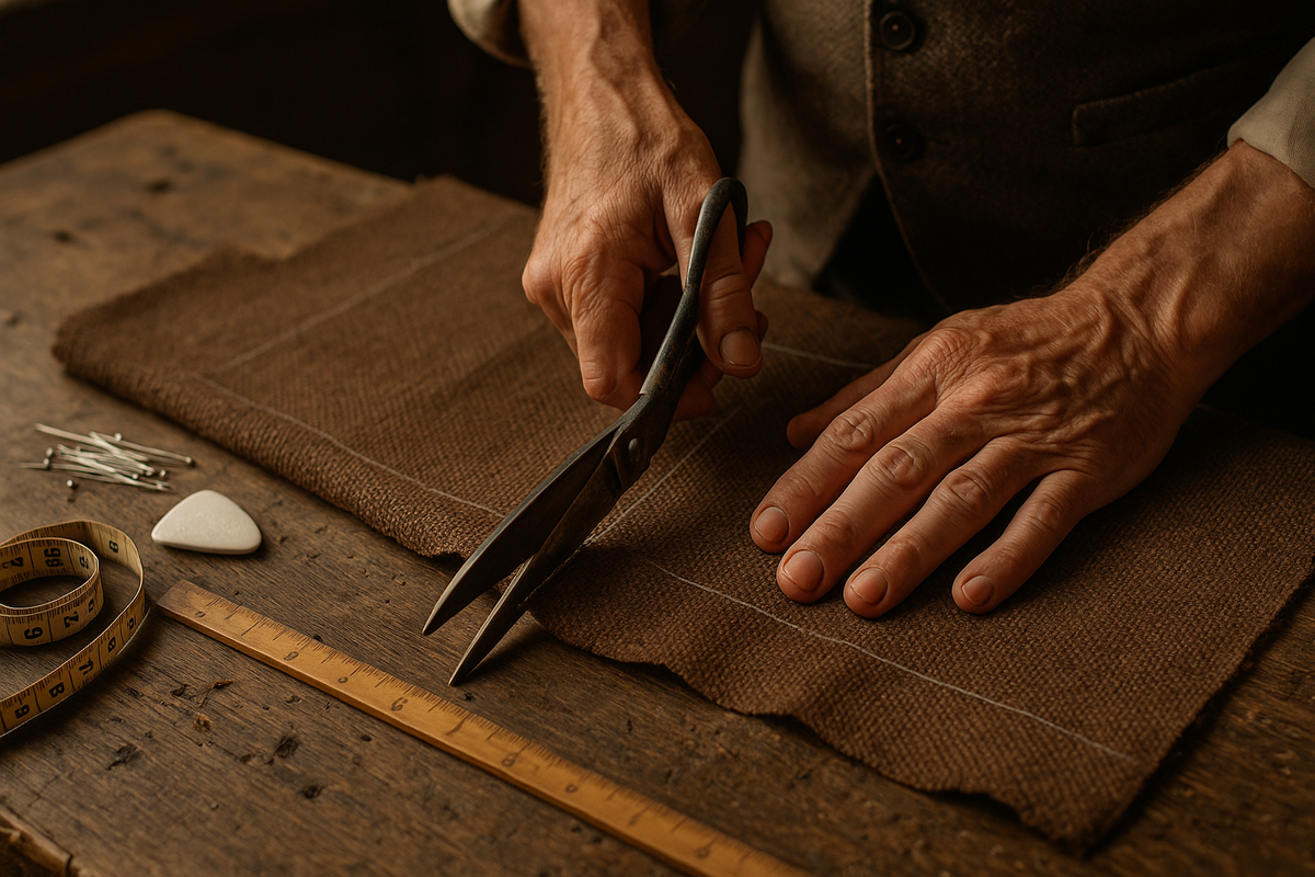 A close-up, landscape-format photograph of a traditional Irish tailor's hands cutting  or brown hopsack tweed on a wooden workbench. The image should focus on craftsmanship—just the hands, shears, the fabric, and small tailoring tools like chalk and pins. The lighting is warm and natural, evoking a calm, authentic workshop environment. The tweed should be clearly textured with visible weave detail. No faces or AI-like features—this should look like a