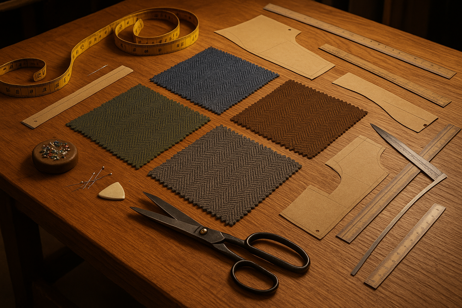 Fabric swatches on a cutting table - tweed tailoring room, blue, brown, green, grey herringbones, no person or hands in frame, just equiment to make trousers