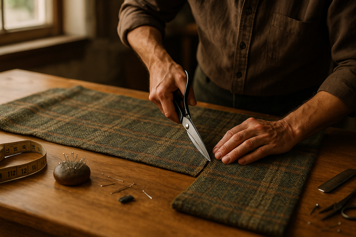 landscape image of someone cutting tweed fabric