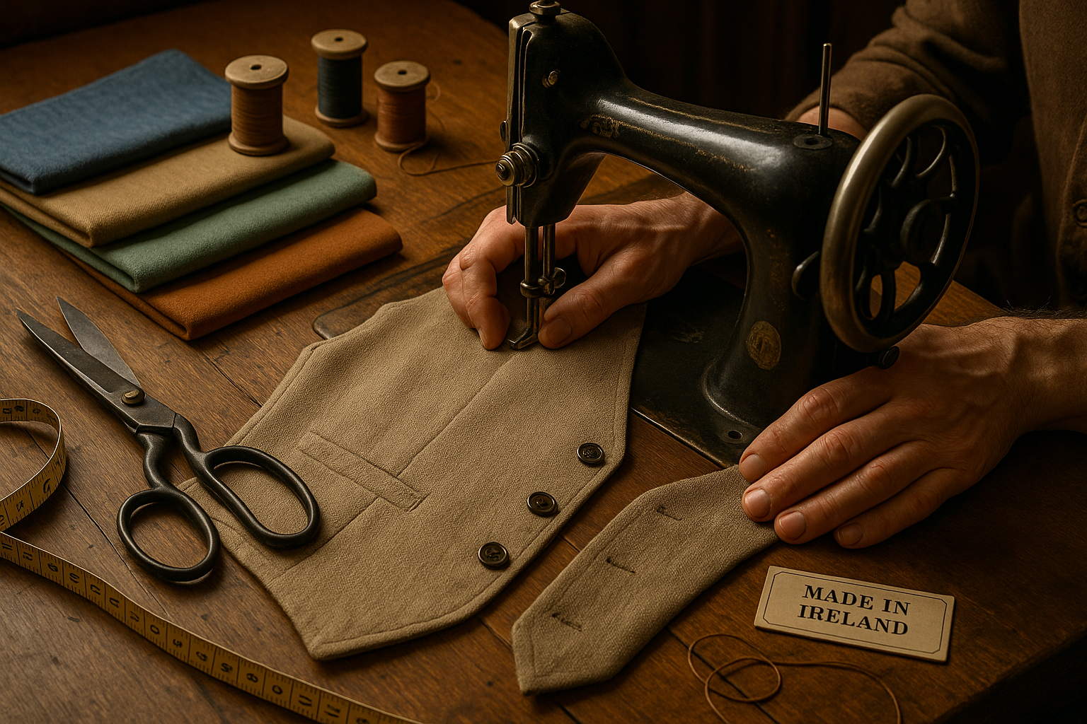 Man at sewing machine making Irish linen mens waistcoat - can only see his hands - very craft focused - made in ireland - show fabric swatches in denim colour, desrt colour, seafoam, caramel colour beside him - sewing machine - tailoring room