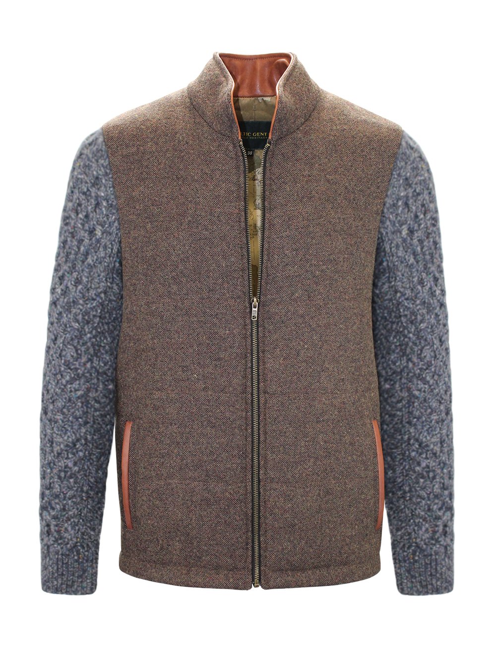 Veste Shackleton marron moyen avec manches en tricot torsadé bleu marine chiné