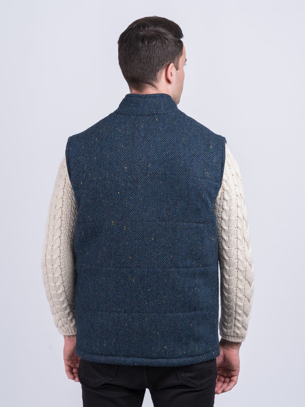 Men's Blue Herringbone Tweed Gilet with Leather Trims - Luxury