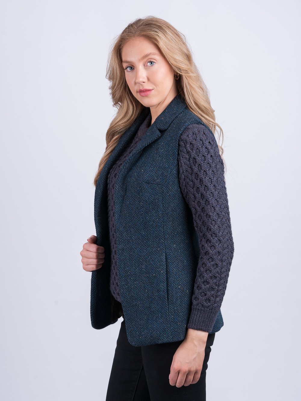 Blue Herringbone Tweed Gilet - Women's Irish Tweed Clothing