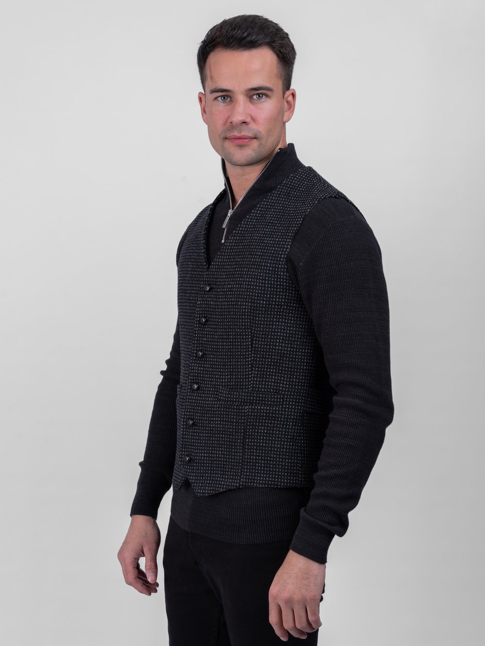 Black with Grey Check Pattern Tweed Waistcoat