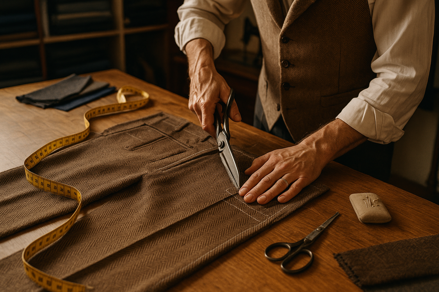 square image - man in tailoring room cutting tweed - making tweed trousers - only can see hands and making of cloth into trousers - herringbone cloth brown
