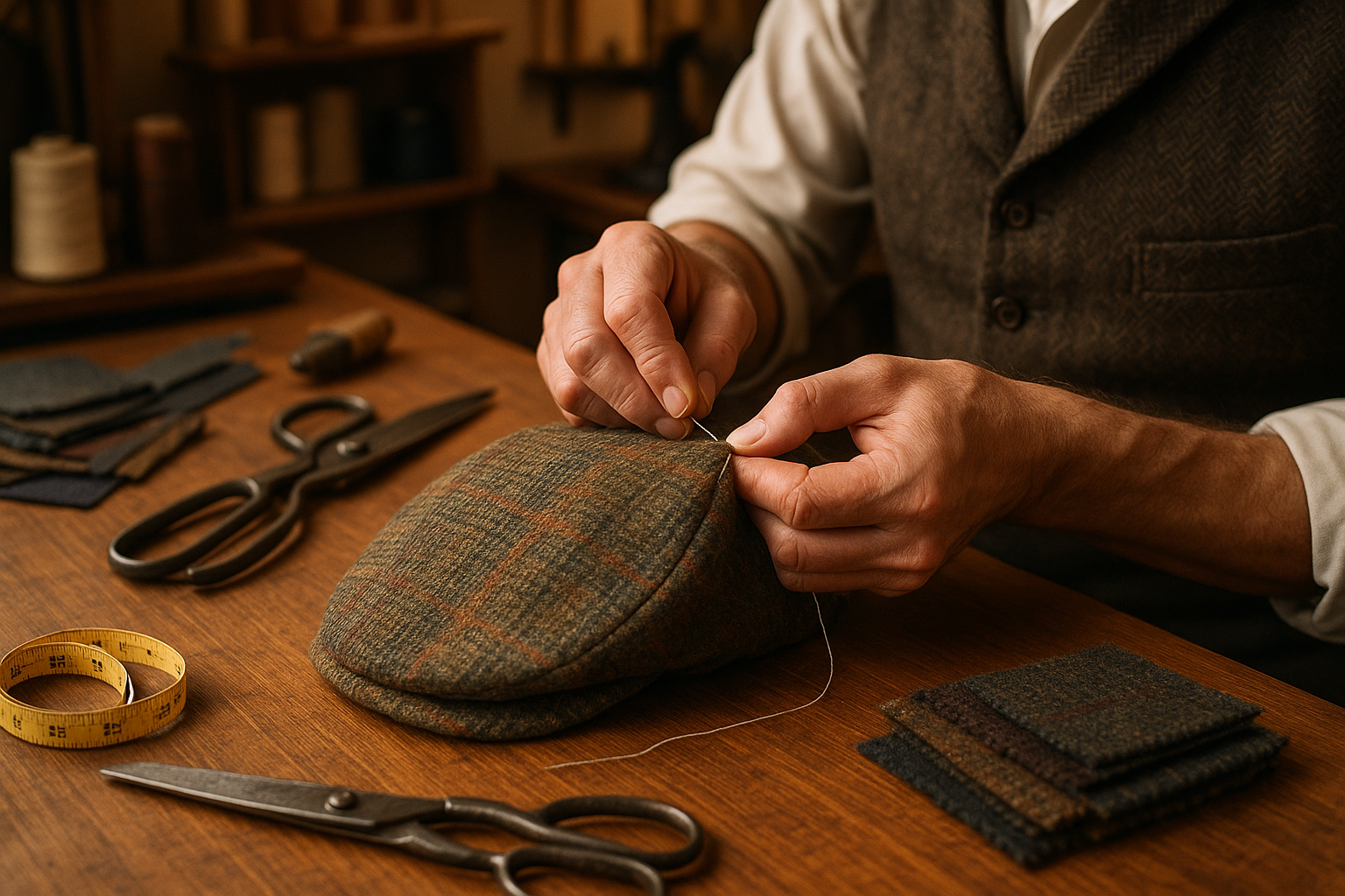 Square image man - man making a flat cap- just hands shown - tailoring room 