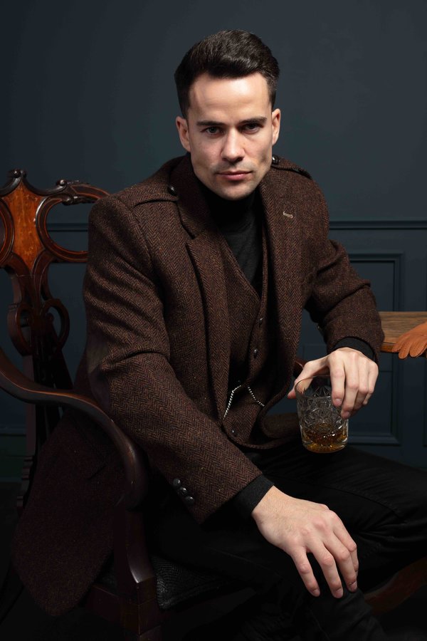 Brown Herringbone Tweed Jacket with Moleskin Trim