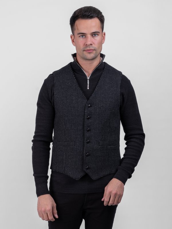 Black with Grey Check Pattern Tweed Waistcoat