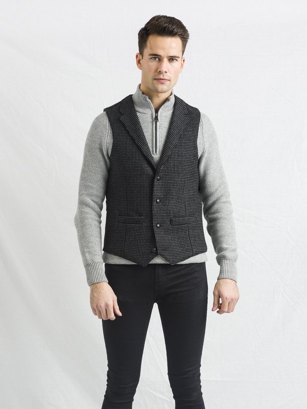 Black with Grey Check Pattern Waistcoat With Revere