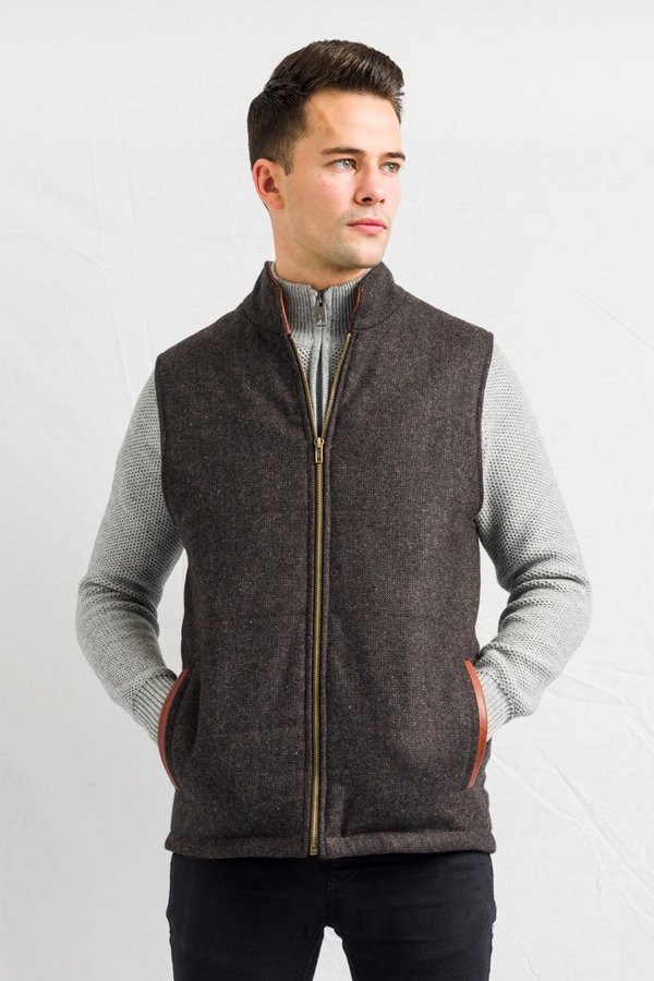 Brown Tweed Bodywarmer with Leather Trims