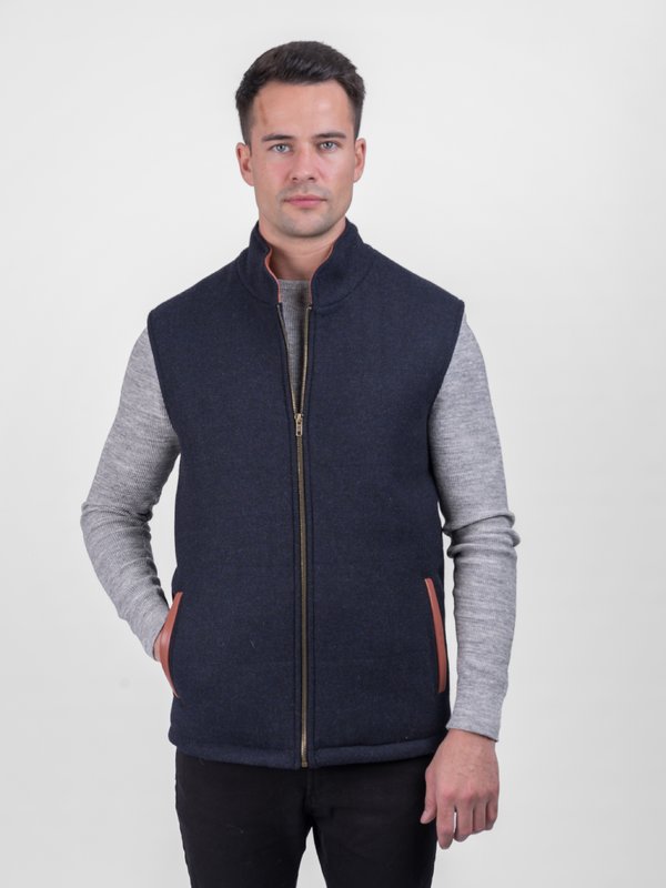 Navy Tweed Bodywarmer with Leather Trims - Navy