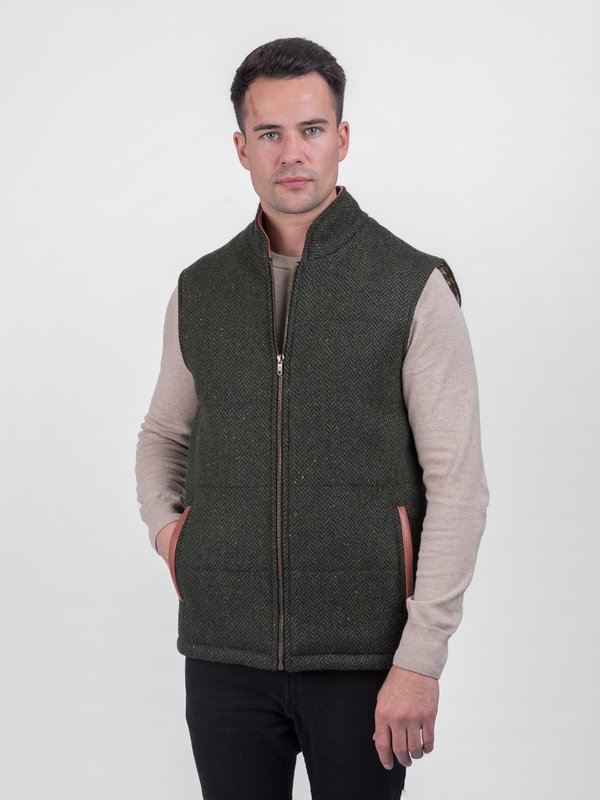 Green Tweed Bodywarmer with Leather Trims - Green 